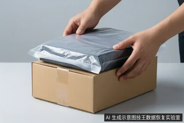 白色桌面上,一双手正将一个银色防静电袋包裹的硬盘放入棕色纸箱中。