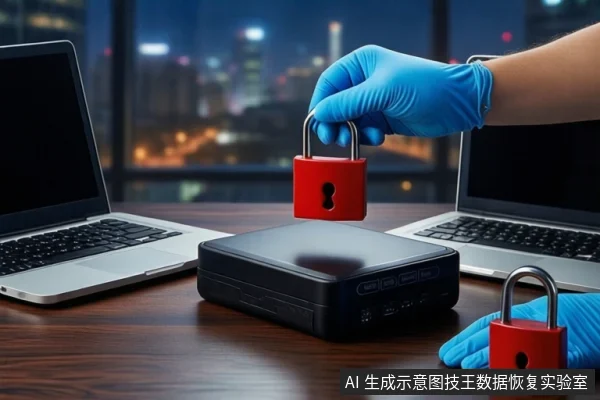 深色木桌上,中间平放一个黑色外接硬盘盒,左右两侧各有一台银色笔记本电脑。上方一只戴蓝色手套的手持红色挂锁悬停在硬盘盒上方,右下角另一只戴蓝色手套的手扶着第二把红色挂锁。背景是模糊的城市夜景。