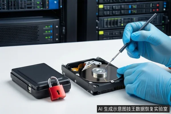 Gloved hands use a precision tool on an open hard drive platter next to a locked black case.