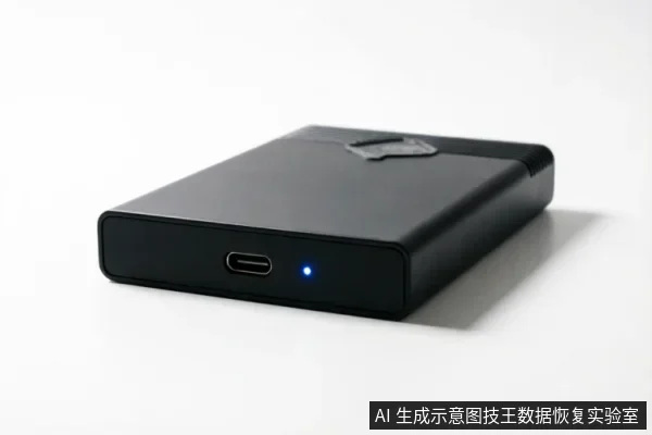 图片展示了一个黑色的便携式移动存储设备,侧面可见一个USB-C接口和一个亮起的蓝色状态指示灯。设备外观简洁,放置在白色背景上,无任何文字标识或操作动作。