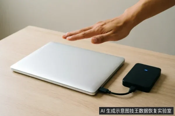 银色笔记本电脑通过数据线连接黑色移动硬盘,硬盘蓝色指示灯亮起,一只手悬停在设备上方示意停止操作或保持距离。