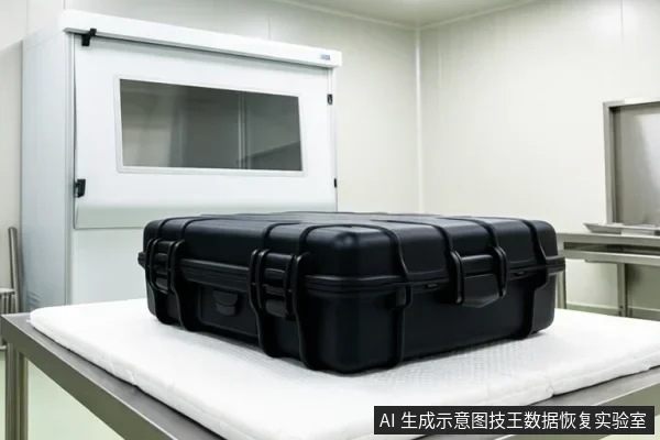 洁净室环境中，不锈钢操作台上铺有白色垫布，上面放置一个黑色加固防护箱，背景为带观察窗的洁净传递窗。