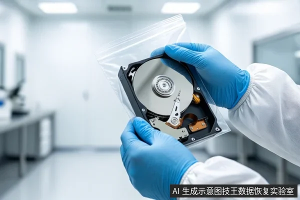 洁净室环境中，一双戴蓝色手套的手正持握一个透明防静电袋，袋内装有一块打开外壳的机械硬盘，可见盘片、主轴和磁头臂。背景为模糊的实验室环境。