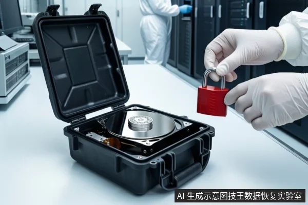 洁净室白色桌面上,前景一双戴白手套的手持红色挂锁悬停在打开外壳的机械硬盘上方。左侧防静电袋内装有一块绿色电路板,背景为模糊的服务器机柜。
