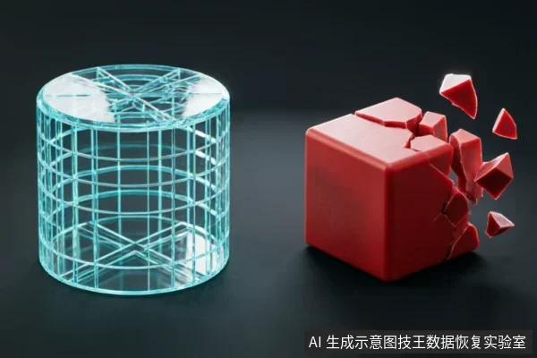 画面左侧为一个结构稳固的透明青色网格圆柱体,右侧为一个正在崩解碎裂、碎片飞溅的红色立方体。两者并置于深色背景上,形成鲜明对比。