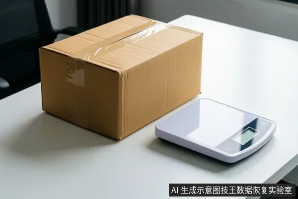 白色桌面上放置一个用透明胶带封口的棕色纸箱,旁边有一台白色电子秤,背景可见办公椅。