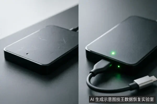图片展示了移动硬盘连接排查的两个状态：左侧为未连接数据线的黑色硬盘，右侧为连接好USB数据线且绿色指示灯亮起的硬盘，显示设备已通电并处于工作状态。