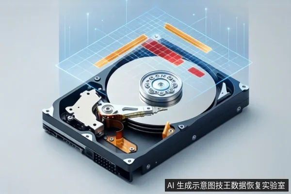 灰色背景中,一块打开外壳的机械硬盘平放,盘片上方悬浮着蓝色网格和红色数据块,磁头臂静止。