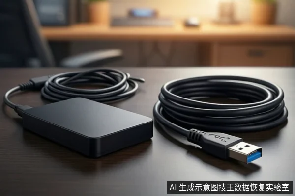 深色桌面上,左侧平放一个黑色外接硬盘盒,右侧盘绕着一根黑色USB数据线,背景为模糊的室内环境。