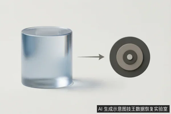 画面左侧为一个半透明的圆柱体,通过箭头指向右侧一个深灰色的同心圆环状机械结构,示意将外部容器或整体设备转化为内部存储介质的抽象概念。