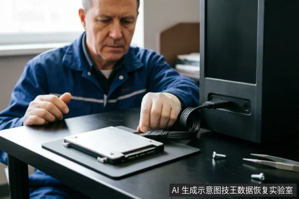一位身穿蓝色工装的维修技术人员正坐在桌前,将SATA数据线连接至黑色硬盘盒或外接设备。桌面上放置着银色机械硬盘、螺丝及镊子等工具,展现了专业数据恢复或硬件检测的实操场景。