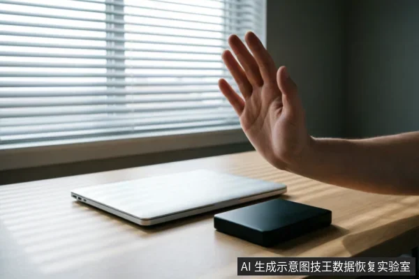 一只手掌在木质桌面上做出停止手势,掌心向外。桌面上放置着一台闭合的银色笔记本电脑和一个黑色的外接移动硬盘。背景为带有百叶窗的窗户,光线柔和,示意面对存储故障时应立即停止操作。