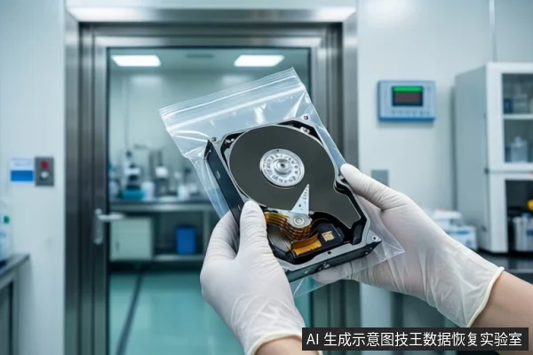 洁净室环境中，一双戴白色手套的手正握持一块装在透明自封袋中的裸露机械硬盘，展示其内部盘片与磁头组件。背景为模糊的实验室门和设备。