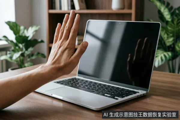 一只手掌在木质桌面上向一台打开的银色笔记本电脑做出明显的“停止”手势,掌心向外,示意拒绝或中断。背景中有模糊的书架和绿植,电脑屏幕呈黑色并映出手部倒影,整体传达出紧急制动、禁止操作或切断连接的视觉含义。