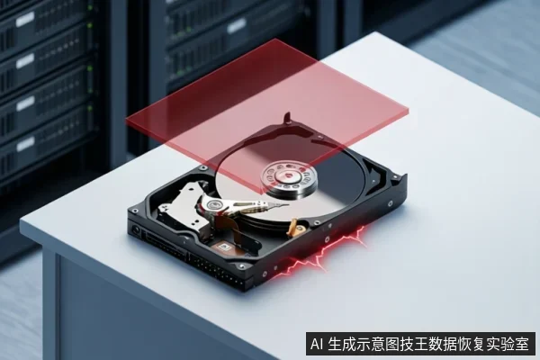 白色桌面上放置一块打开的机械硬盘,上方悬浮红色半透明平面,右下角有红色闪电状线条,背景为服务器机柜。