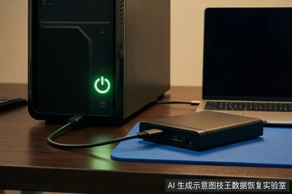 木质桌面上,左侧竖立一台黑色塔式主机,正面电源按钮亮绿灯。右侧蓝色垫上平放一个黑色外接硬盘盒,连接着黑色数据线。背景有一台打开的笔记本电脑。