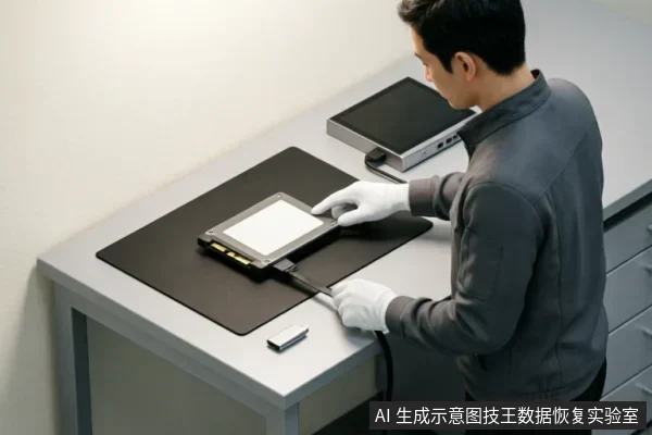 一名身穿灰色工作服并佩戴白色防静电手套的技术人员,正在操作台上对一块裸露的笔记本机械硬盘进行检测。硬盘放置在黑色防静电垫上,连接着数据线,旁边放置有移动硬盘盒及U盘,展示了专业环境下的硬件排查场景。