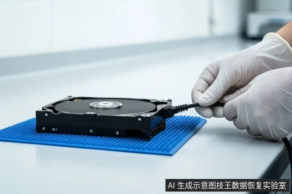 白色台面上铺着蓝色防静电垫，中间平放一块打开外壳的机械硬盘。右侧一双戴白手套的手正握持一根黑色线缆，将其插入硬盘接口。背景是模糊的室内环境。