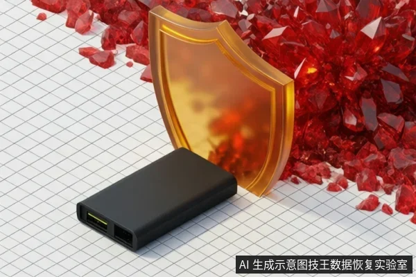 画面中有一个黑色移动硬盘,放置在白色网格平面上,旁边有一块金色透明盾牌,背景是红色晶体,无文字或操作动作。