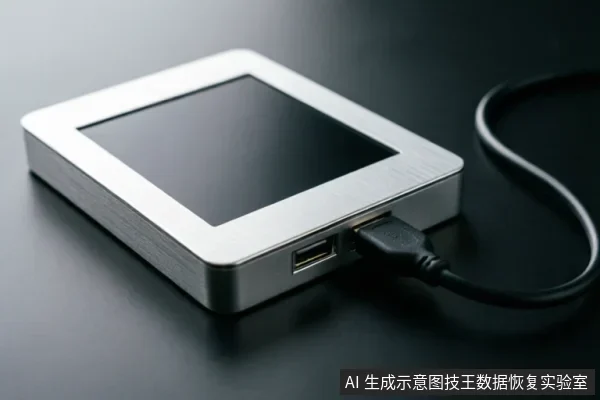 一个银色金属外壳的便携式移动硬盘侧放于深色背景上，一根黑色USB数据线已插入设备侧面的接口中，屏幕处于黑屏状态，展示了外部连接链的物理连接细节。