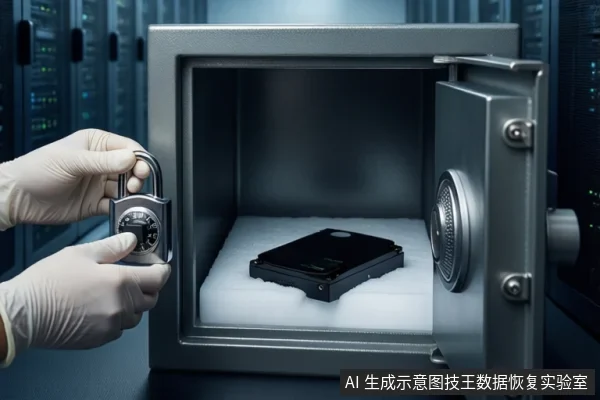 灰色保险柜门打开,内部白色泡沫垫上平放一块黑色机械硬盘。左侧一双戴白色手套的手正握持一把银色挂锁,悬停在柜门边缘。背景为模糊的服务器机柜。