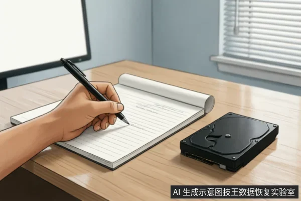 木质办公桌上放置着一块黑色的机械硬盘,旁边有一只手正握笔在摊开的横线笔记本上记录信息。背景可见电脑显示器与百叶窗,画面展示了在硬盘故障时记录异响、掉盘频率及错误代码等关键观察信息的场景。