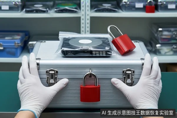 实验室货架前,银色金属防震箱上放有防静电袋装硬盘和红色挂锁,戴白手套的双手扶住箱体两侧。