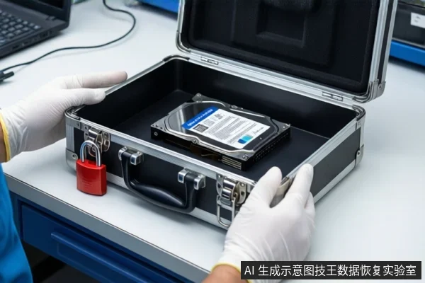 白色桌面上,一个打开的银色防震箱内平放一块机械硬盘,箱体挂有红色挂锁。前景一双戴白色手套的手正扶住箱体两侧。