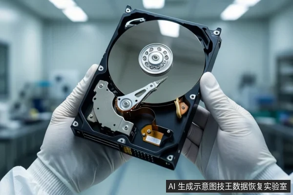 一双戴白色手套的手在实验室环境中托举一块打开外壳的机械硬盘,可见盘片、主轴电机和磁头臂。