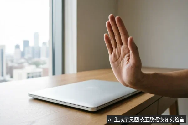 一只手掌在闭合的笔记本电脑前做出停止手势,示意立即中断操作。背景为模糊的城市窗景,桌面整洁,仅有一台银色笔记本,直观传达“禁止写入”或“止损”的概念。