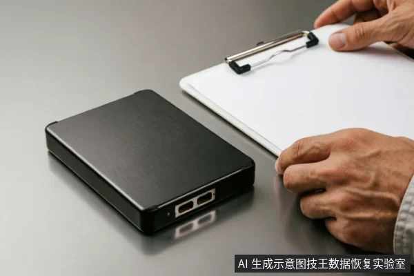 一只黑色移动硬盘静置于灰色桌面上,旁边一双男性的手正按住一个夹着白纸的写字板,示意在设备故障时记录异响、温度及指示灯状态等关键观察信息。