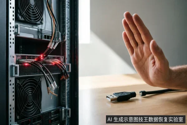 画面展示了一台正在运行的服务器机柜，内部线缆连接处亮着红色指示灯。前景桌面上放置着一根断开的USB数据线，一只手在右侧做出明显的“停止”或“拒绝”手势，示意不要进行连接操作。