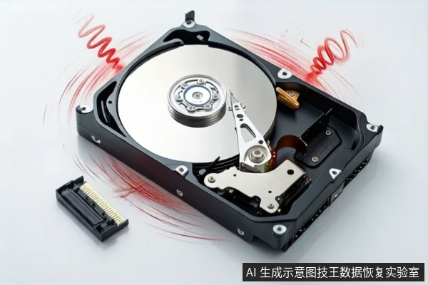 Open hard drive with red motion lines and a detached connector on a white surface.