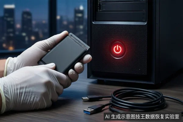 木质桌面上,戴白手套的双手正持握一块黑色移动硬盘,右侧竖立一台亮着红色电源按钮的黑色塔式主机,前景盘绕着黑色USB数据线,背景为模糊的城市夜景。