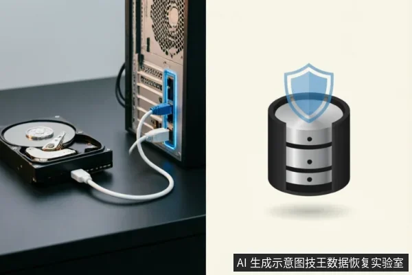左侧展示一块打开外壳的机械硬盘通过白色数据线连接至台式机USB接口,右侧为带有蓝色盾牌图标的服务器圆柱体图标。画面直观呈现了物理存储介质与数据安全防护的概念,契合文中关于保护原始介质及寻求专业恢复的主题。