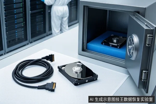 白色桌面上平放一根盘绕的黑色SATA数据线和一块打开外壳的机械硬盘。右侧打开的银色金属防震箱内，蓝色垫子上平放另一块机械硬盘。背景为模糊的服务器机柜和一名穿无尘服的技术人员。