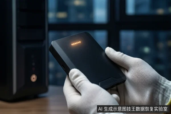 木质桌面上，戴白手套的双手正持握一个黑色移动硬盘，硬盘正面亮着一排橙色指示灯。左侧竖立一台黑色塔式主机，背景为模糊的城市夜景。