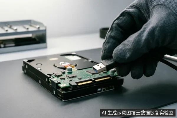 一只戴着黑色防静电手套的手正将USB转接线的接口插入一块裸露的机械硬盘电路板端口中。背景模糊可见金属支架,展示了在数据恢复过程中检查外部连接链和接口的专业操作场景。
