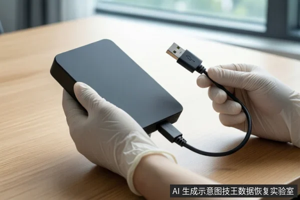 木质桌面上,一双戴白色手套的手正握持一个黑色移动硬盘,另一只手拿着一根黑色USB线缆,线缆插头悬停在硬盘接口上方。背景可见模糊的窗户。