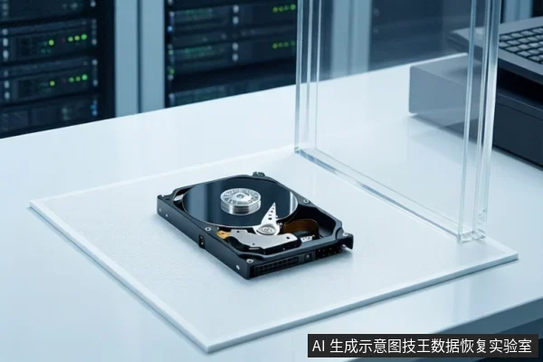 白色防静电垫上平放一块打开外壳的机械硬盘,露出盘片与磁头组件。右侧竖立一个透明亚克力罩。背景为模糊的服务器机柜和键盘。