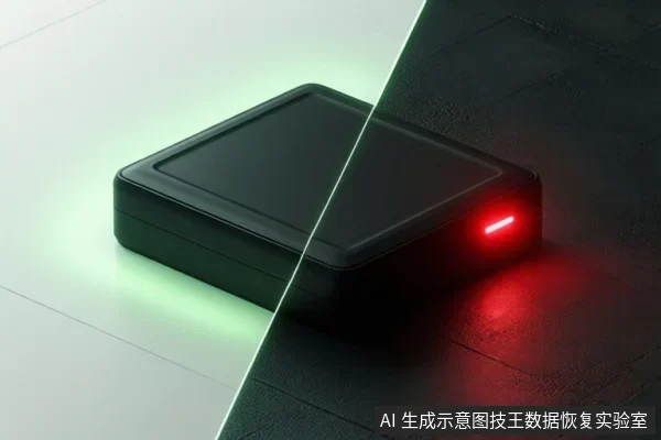 画面被斜线分为左右两部分:左侧为白色背景下的黑色方形存储设备,周围有绿色光晕;右侧为黑色背景下的同一设备,右下角亮着红色指示灯。