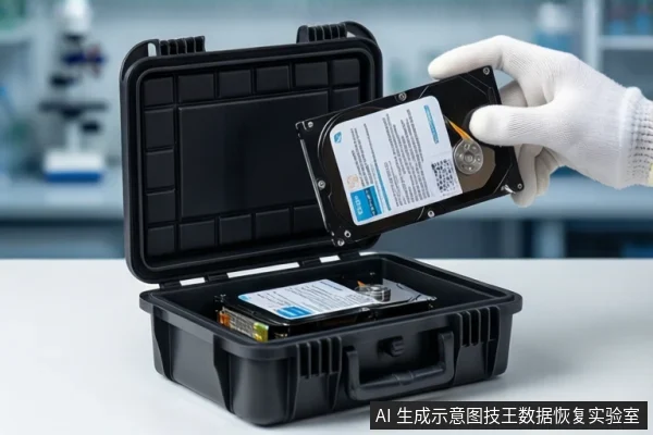 白色桌面上,一个打开的黑色防震箱内固定着一块机械硬盘。一只戴白色手套的手正握持另一块机械硬盘,悬停在箱子上方。背景为模糊的实验室环境。