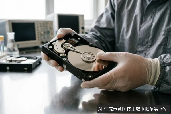 一名身穿防尘服、佩戴手套的工程师在实验室环境中双手托举一块已打开外壳的机械硬盘,清晰展示内部磁盘盘片与磁头组件。背景可见示波器等专业检测仪器,体现了数据恢复所需的无尘环境与专业技术操作。
