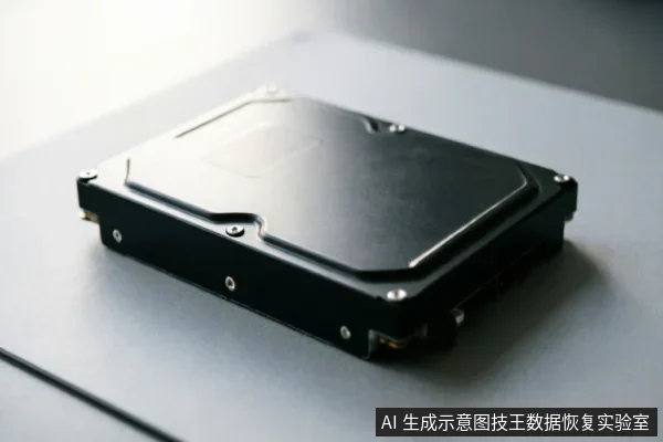 一张特写照片，展示了一个放置在灰色平滑表面上的黑色机械硬盘。画面聚焦于硬盘的金属顶盖、固定螺丝及侧面的数据接口，背景虚化，无屏幕显示或文字信息，呈现出硬件静置待检的状态。