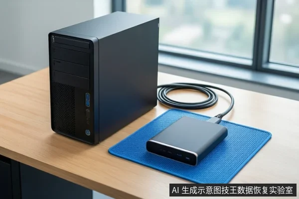 木质桌面上,左侧竖立一台黑色塔式主机,右侧蓝色防静电垫上平放一个黑色外接硬盘盒,一根黑色线缆连接两者,背景为模糊的窗户。