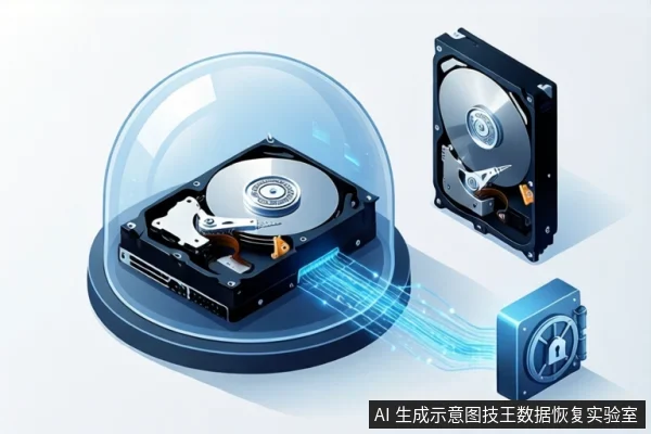 白色背景中，左侧机械硬盘置于透明罩内，右侧立放硬盘，右下角蓝色挂锁图标，蓝色数据流连接。