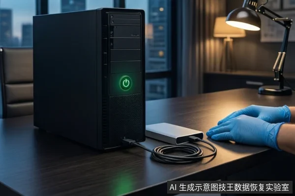 Black PC tower with green power light, USB cable, and blue-gloved hands on a desk.