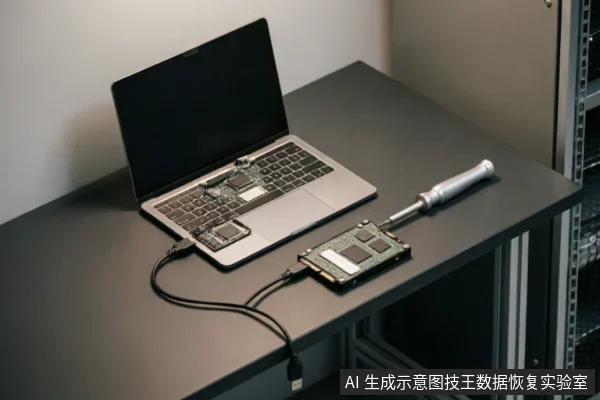 黑色工作台上放置一台笔记本电脑，通过USB线连接着裸露的硬盘电路板及另一块存储设备。旁边放有一把银色螺丝刀，背景可见服务器机柜，展示了数据恢复或硬件检测的操作环境。