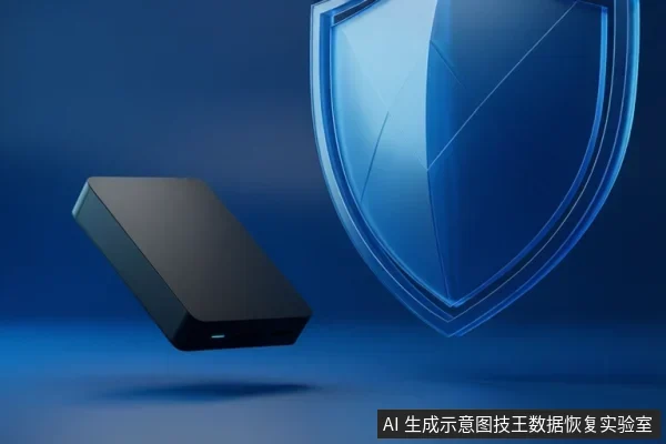 蓝色背景中,一个黑色移动硬盘悬浮在左侧,右侧有一个蓝色盾牌图标。