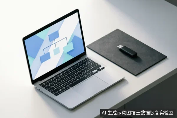 白色办公桌上放置着一台打开的笔记本电脑,屏幕显示蓝白相间的逻辑结构图。电脑右侧的黑色垫子上放着一个黑色USB闪存盘。画面展示了数据恢复场景中常见的设备与存储介质组合。